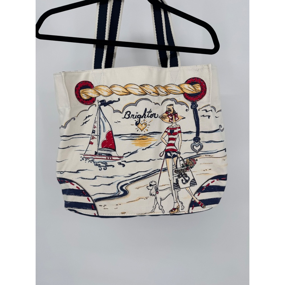 Brighton Nautical Canvas Tote Bag Anchor Sailboat Beach Scene Cream Navy - Picture 2 of 8